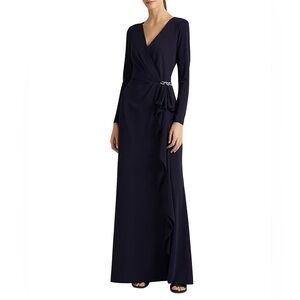 Ralph Lauren Navy Long Sleeve Wrap Maxi Dress with Side Ruffle: NWT